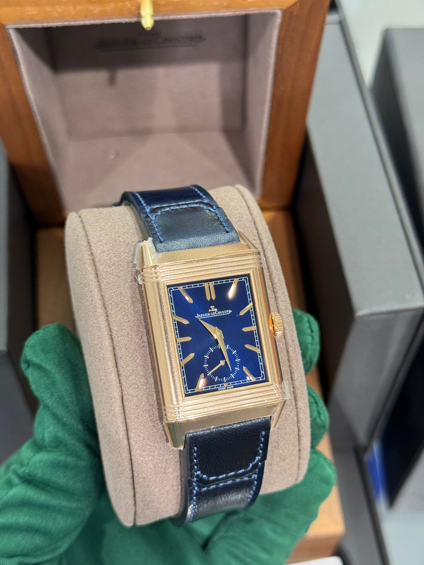 JLC - Reverso Tribute Duoface Small Seconds - 47 MM x 28.3 MM - Pink Gold - Blue/Silvered Dial - Blue Strap - JLC Q3982590