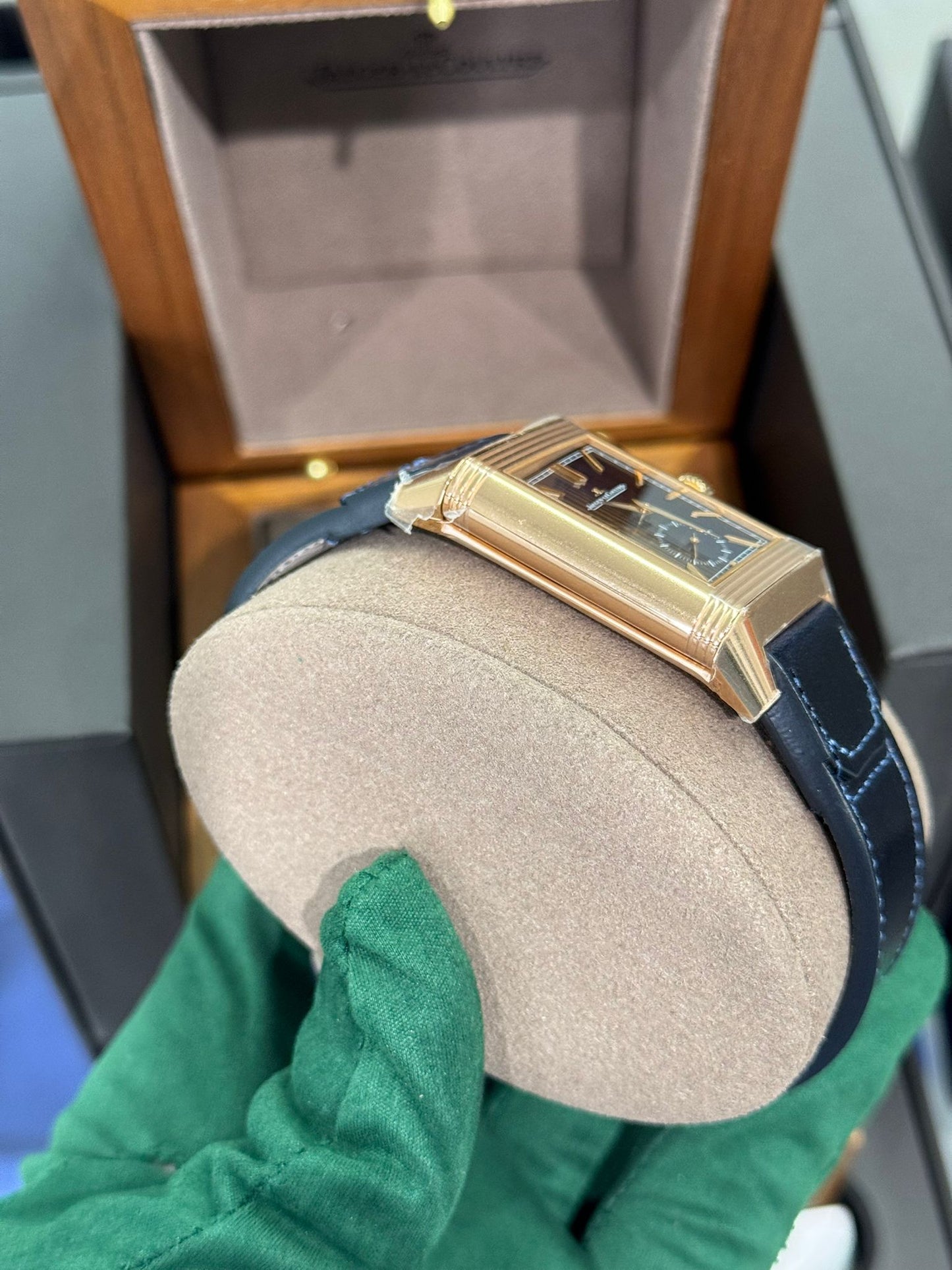 JLC - Reverso Tribute Duoface Small Seconds - 47 MM x 28.3 MM - Pink Gold - Blue/Silvered Dial - Blue Strap - JLC Q3982590