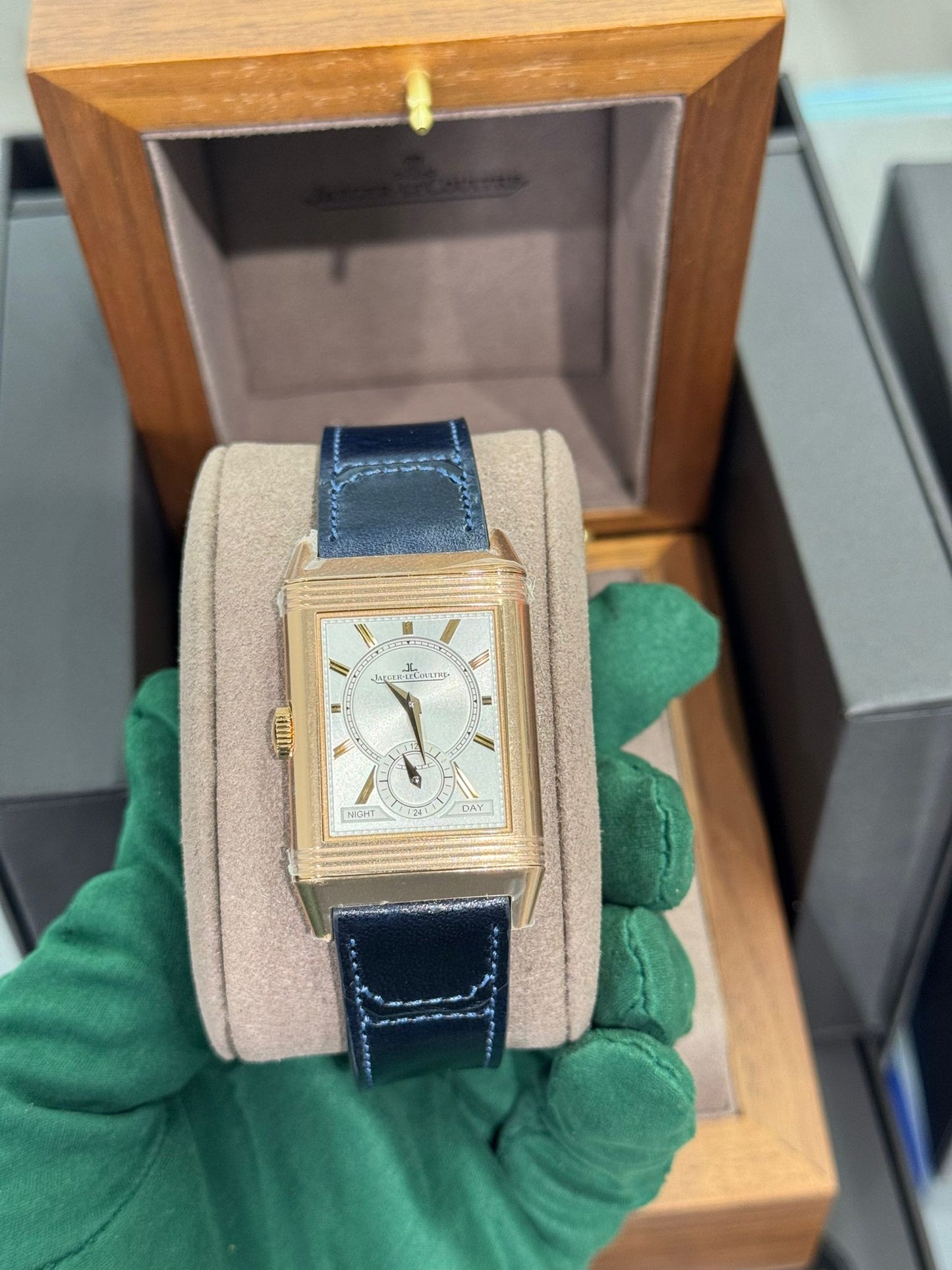 JLC - Reverso Tribute Duoface Small Seconds - 47 MM x 28.3 MM - Pink Gold - Blue/Silvered Dial - Blue Strap - JLC Q3982590