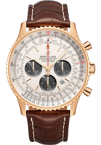Breitling Navitimer Rose Gold 46 MM - Brown Leather Strap - Silver Dial - RB0127121G1P2