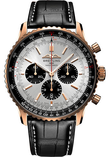 Breitling Navitimer Rose Gold 46 MM - Black Leather Strap - Silver Dial - RB0137241G1P1