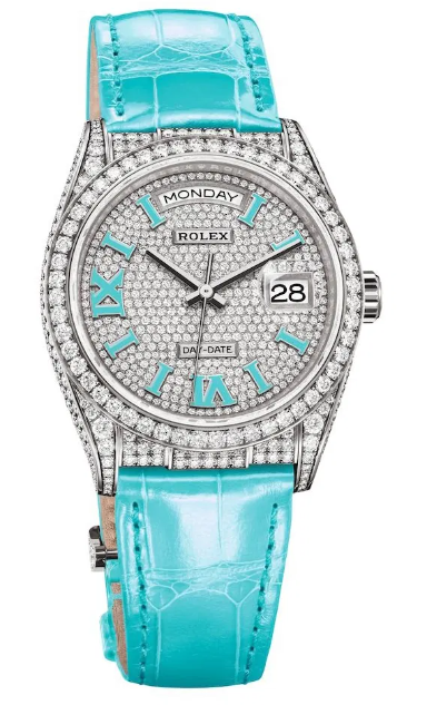 Rolex Day Date 36 MM - White Gold - Diamond Pavé Turquoise Dial - Diamond Bezel - Turquoise Alligator Leather Strap - 128159RBR-0002