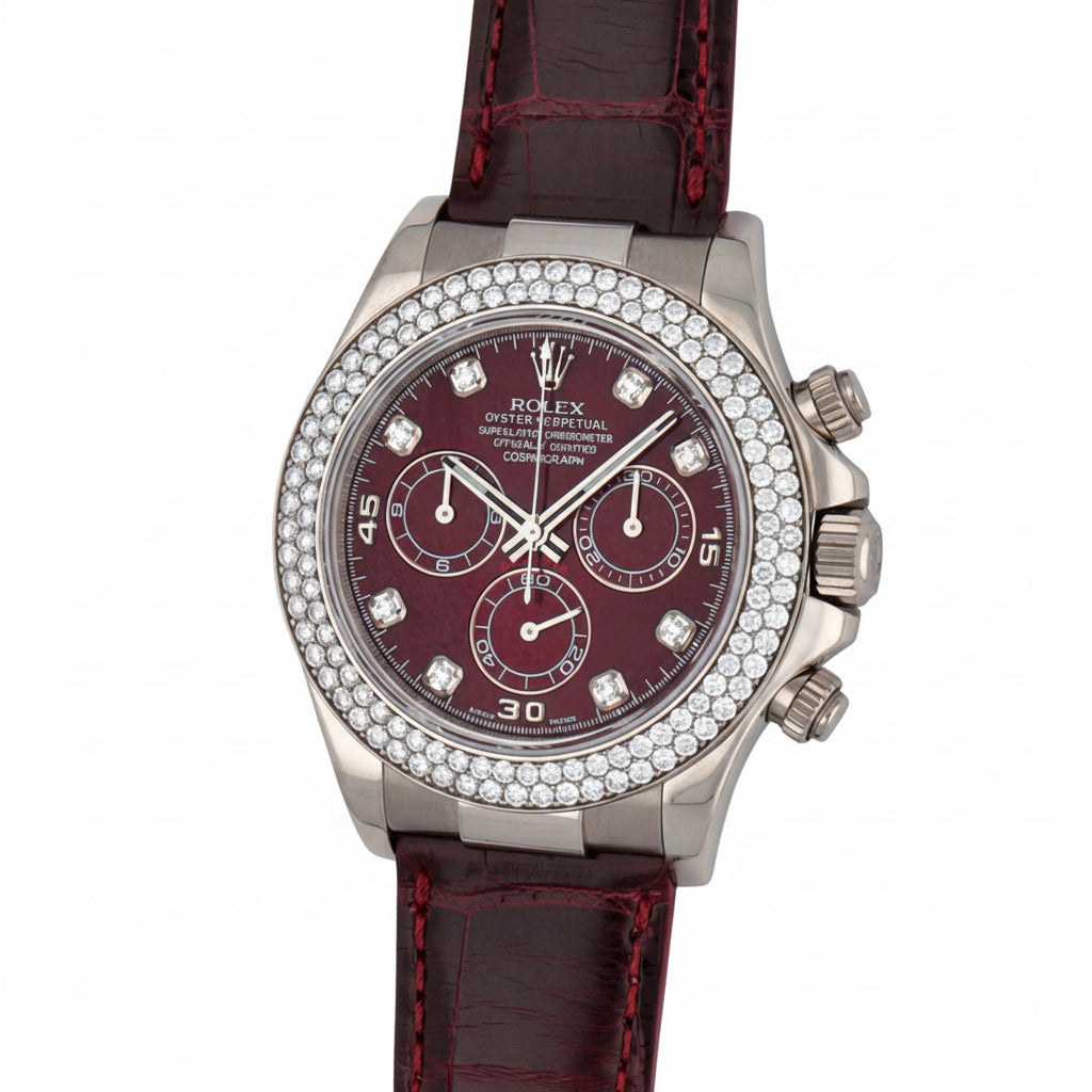 Rolex White Gold Daytona Watch - Off-Catalog - 40 MM - Rubellite Diamond Dial - Rubellite Leather Strap - Diamond Bezel - 116589RBR
