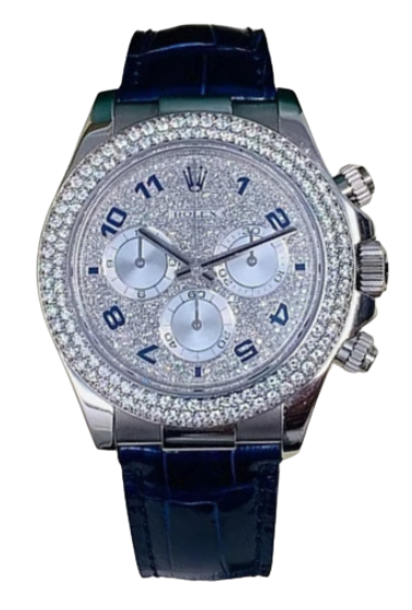 Rolex White Gold Daytona Watch - Off-Catalog - 40 MM - Paved Diamond Dial - Blue Leather Strap - Diamond Bezel - 116589RBR PDD