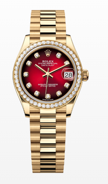 Rolex Datejust - 31 MM - Yellow Gold - Red Ombré Dial - Diamond Bezel - President Bracelet - 278288RBR-0041