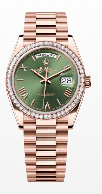 Rolex Day-Date - 36 MM - Rose Gold - Olive Green Dial - Diamond Bezel - President Bracelet - 128345RBR-0085