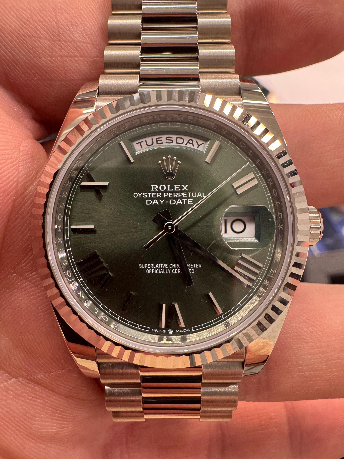 Rolex Presidential White Gold Day-Date 40MM - President Bracelet Watch - Olive Green Bevelled Roman Dial - 228239 ogrp