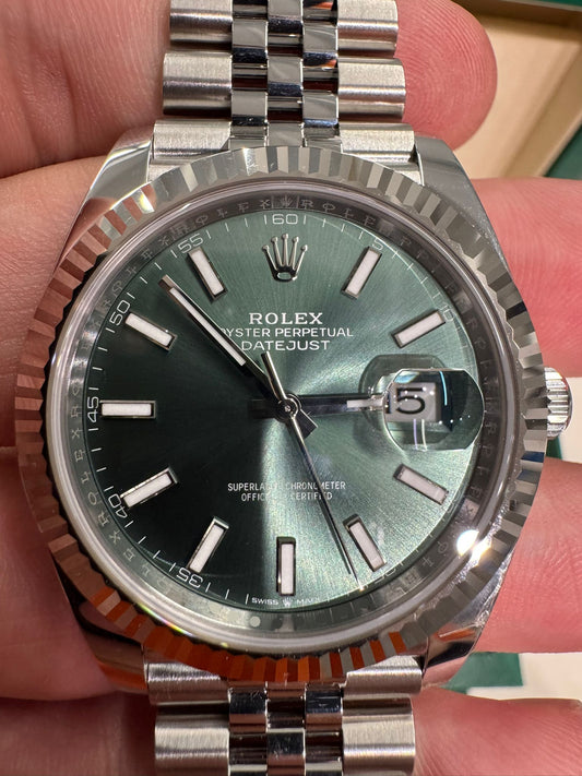 Rolex Stainless Steel and White Gold Datejust 41 Date Watch - 41 MM - Jubilee Bracelet - Fluted Bezel - Green Dial - 126334 mgij