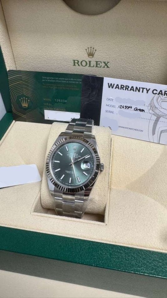 Rolex Stainless Steel and White Gold Datejust 41 Date Watch - 41 MM - Oyster Bracelet - Fluted Bezel - Green Dial - 126334-0027