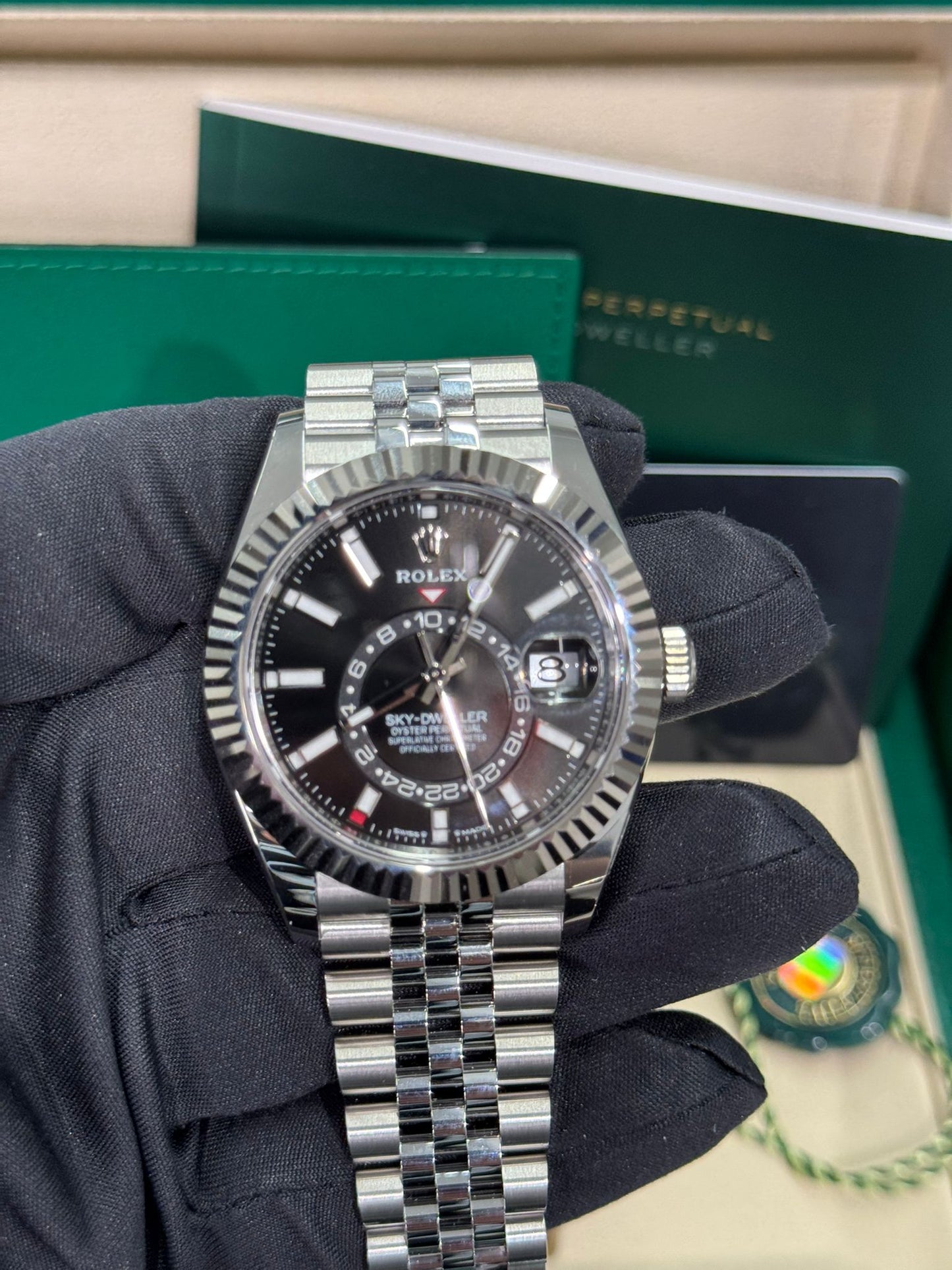 Rolex Stainless Steel and White Gold Sky Dweller Watch - 42 MM - Jubilee Bracelet - Fluted Ring Command Bezel - Black Index Dial - 336934 bkij