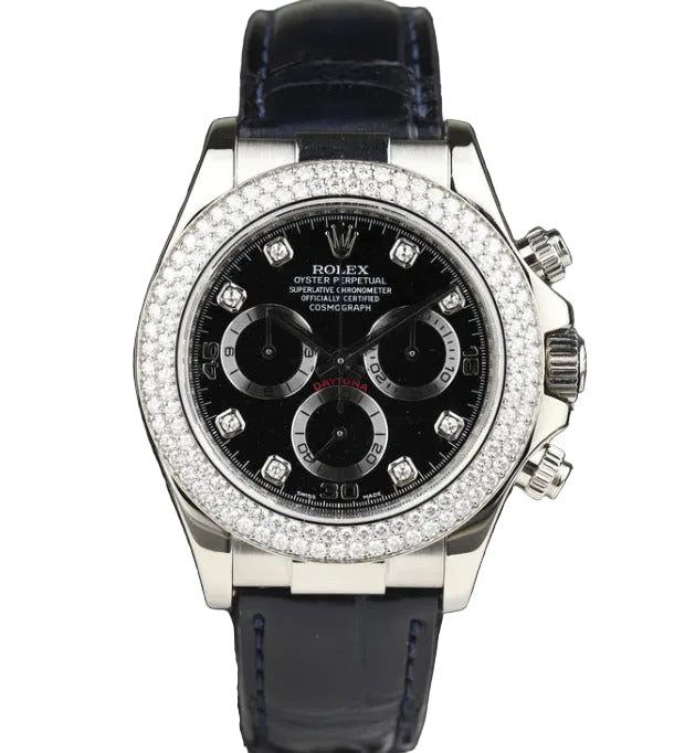 Rolex White Gold Daytona Watch - Off-Catalog - 40 MM - Black Diamond Dial - Black Leather Strap - Diamond Bezel - 116589RBR BKD