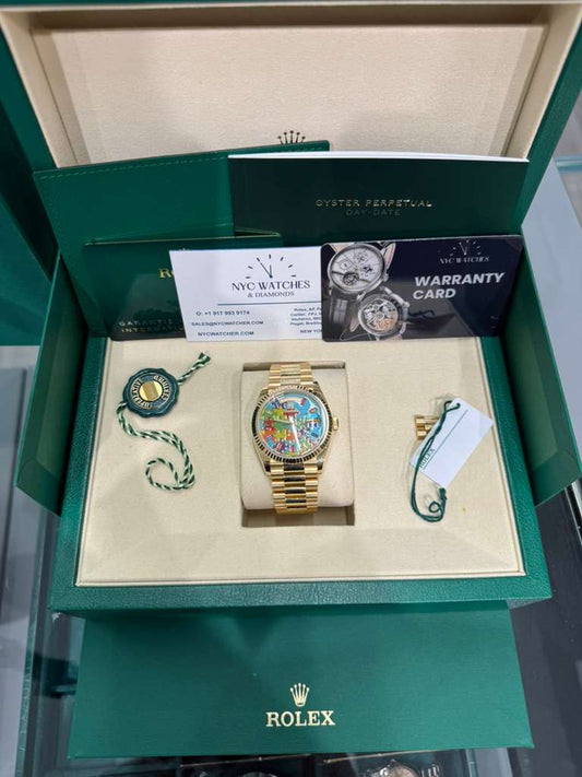 Rolex Yellow Gold Day-Date Watch - 36 MM - President bracelet - Fluted Bezel - Blue Puzzle Dial - 128238-0106