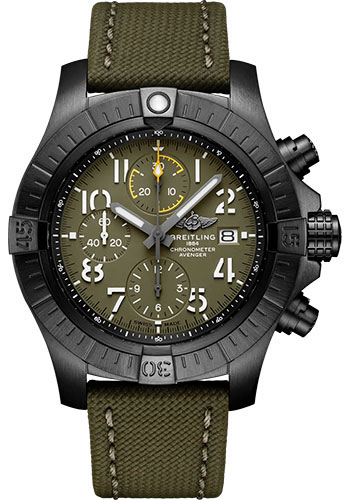 Breitling Avenger DLC-coated Titanium 45 MM - Khaki Green Calfskin Leather Strap - Green Dial - V13317101L1X2