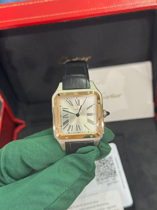 Cartier Santos de Cartier-Dumont Stainless Steel - Rose Gold Bezel - 43.5 MM (Large Model) - Black Leather Strap - Silver Dial - W2SA0037