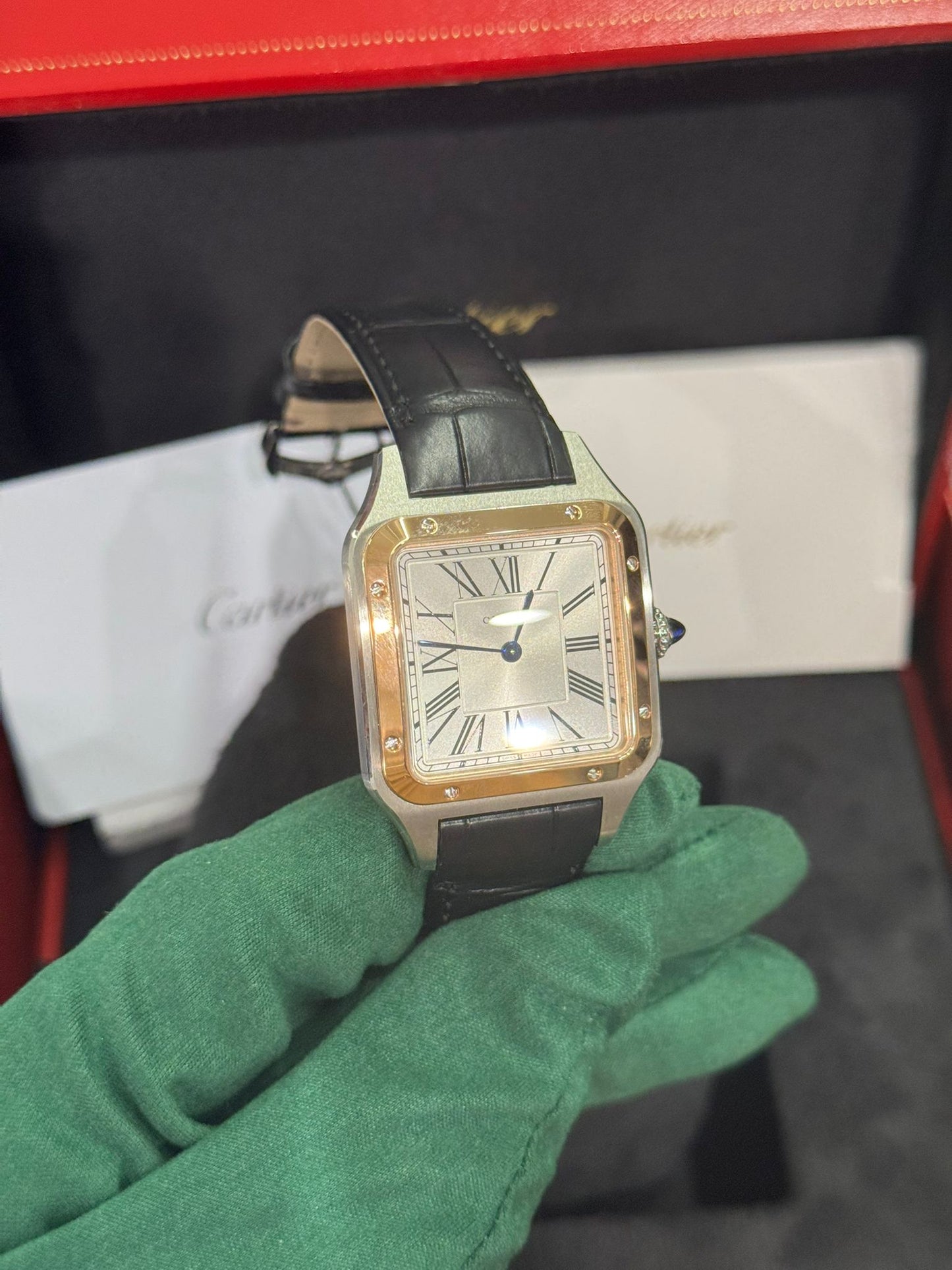 Cartier Santos de Cartier-Dumont Stainless Steel - Rose Gold Bezel - 43.5 MM (Large Model) - Black Leather Strap - Silver Dial - W2SA0037