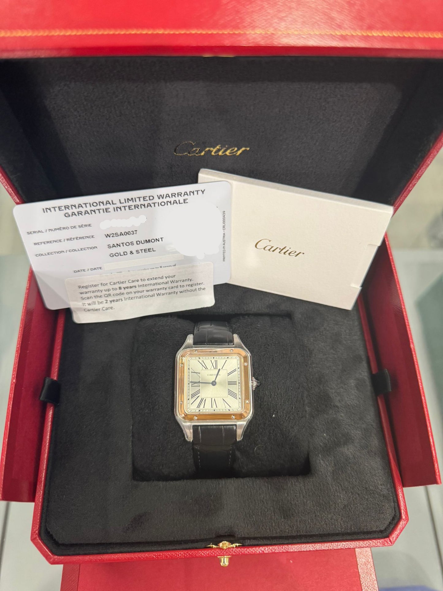 Cartier Santos de Cartier-Dumont Stainless Steel - Rose Gold Bezel - 43.5 MM (Large Model) - Black Leather Strap - Silver Dial - W2SA0037