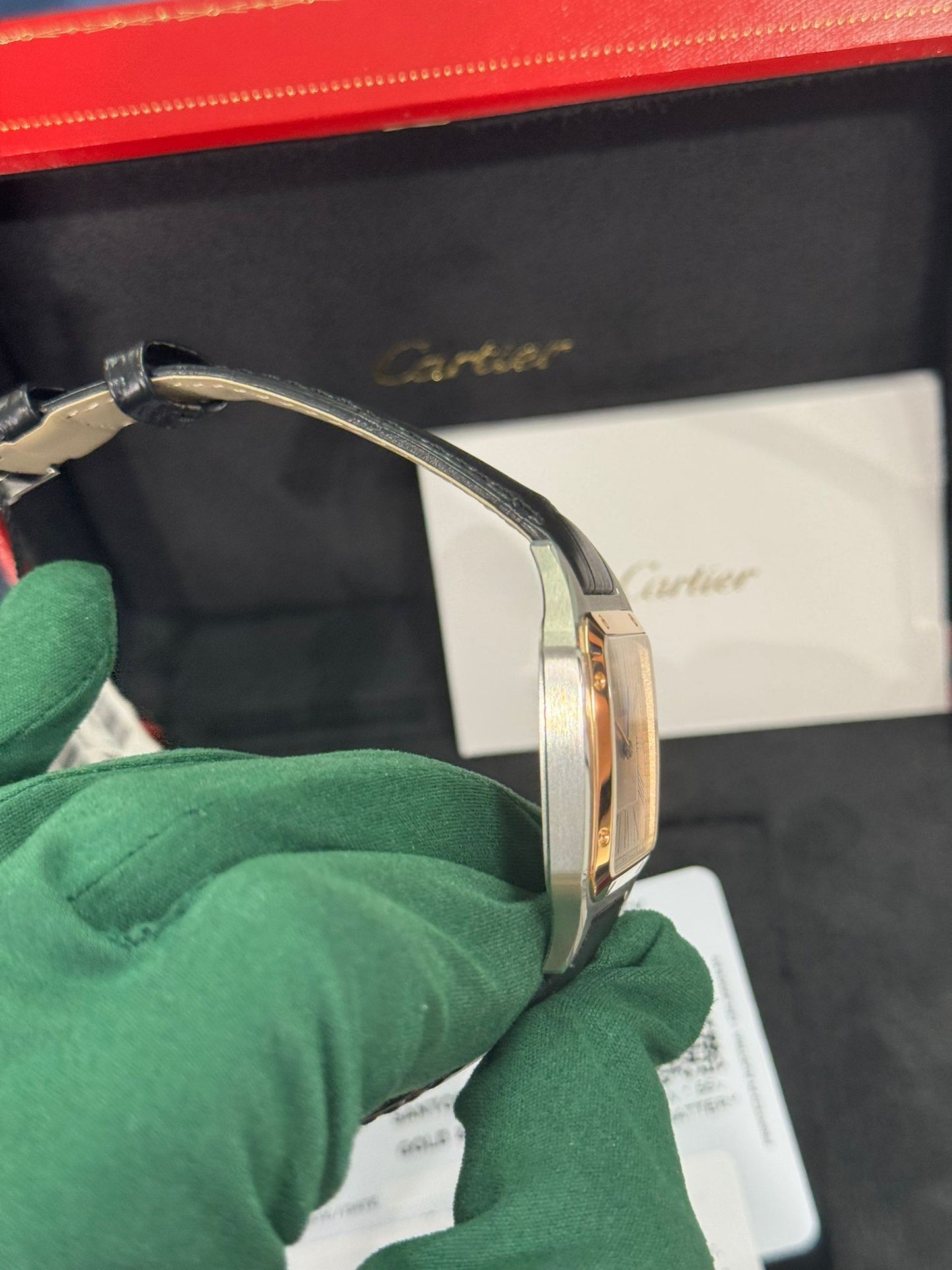 Cartier Santos de Cartier-Dumont Stainless Steel - Rose Gold Bezel - 43.5 MM (Large Model) - Black Leather Strap - Silver Dial - W2SA0037