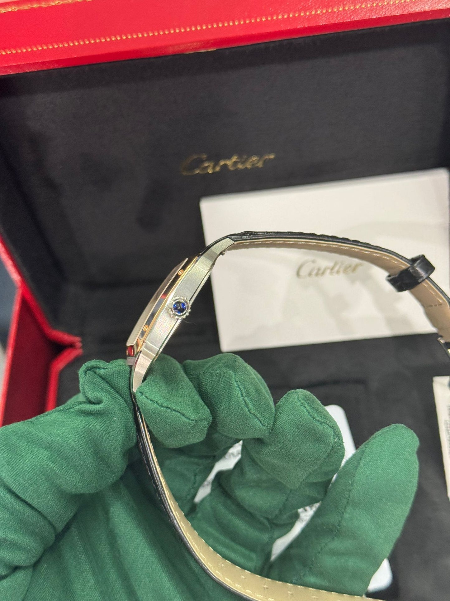 Cartier Santos de Cartier-Dumont Stainless Steel - Rose Gold Bezel - 43.5 MM (Large Model) - Black Leather Strap - Silver Dial - W2SA0037