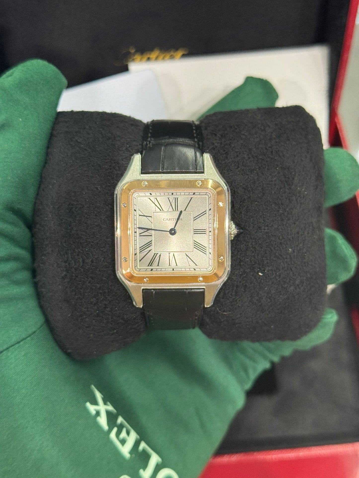 Cartier Santos de Cartier-Dumont Stainless Steel - Rose Gold Bezel - 43.5 MM (Large Model) - Black Leather Strap - Silver Dial - W2SA0037