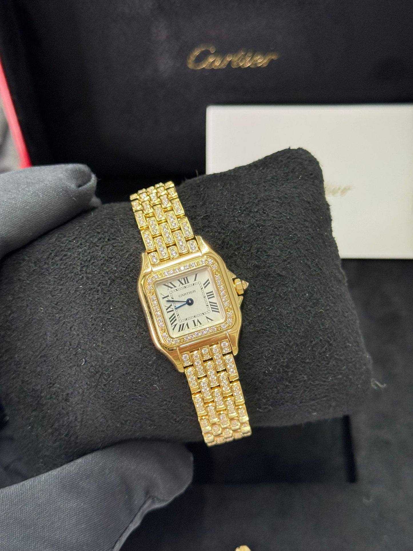 Cartier Panthére De Cartier Yellow Gold and Diamonds (Small Model) - 30.3 MM x 22 MM - Yellow Gold Diamond Bracelet - Yellow Gold Diamond Bezel - Silver Dial - WJPN0059
