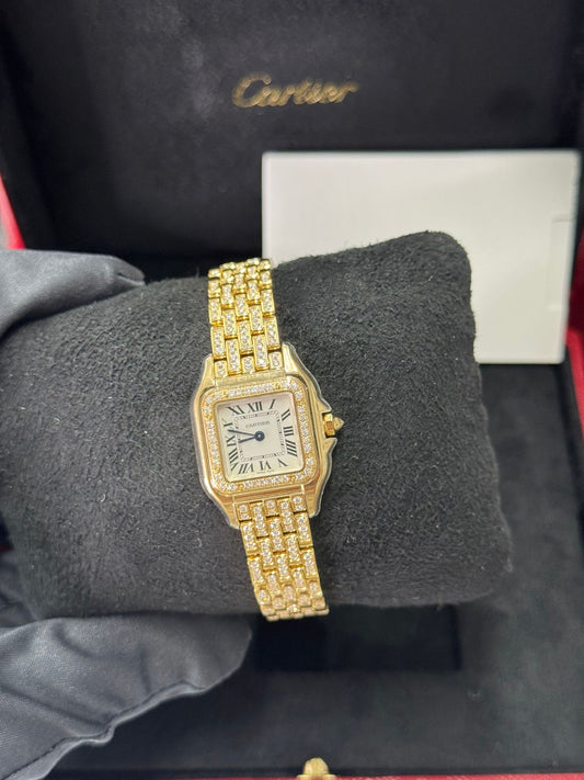 Cartier Panthére De Cartier Yellow Gold and Diamonds (Small Model) - 30.3 MM x 22 MM - Yellow Gold Diamond Bracelet - Yellow Gold Diamond Bezel - Silver Dial - WJPN0059