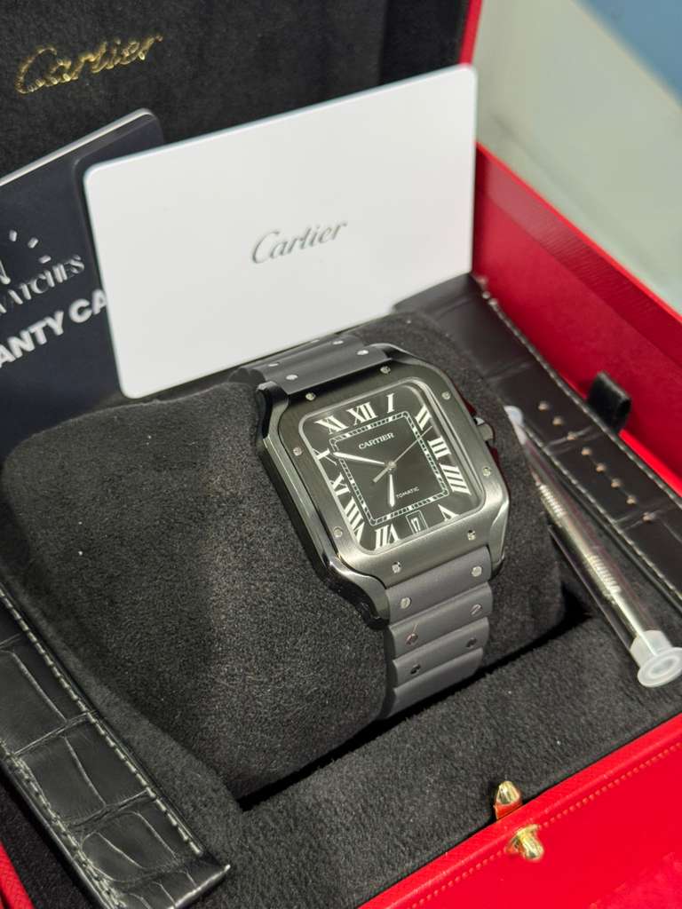 Cartier Santos de Cartier Stainless Steel 39.8 MM (Large Model) - Black Leather Strap - Black Dial - WSSA0039