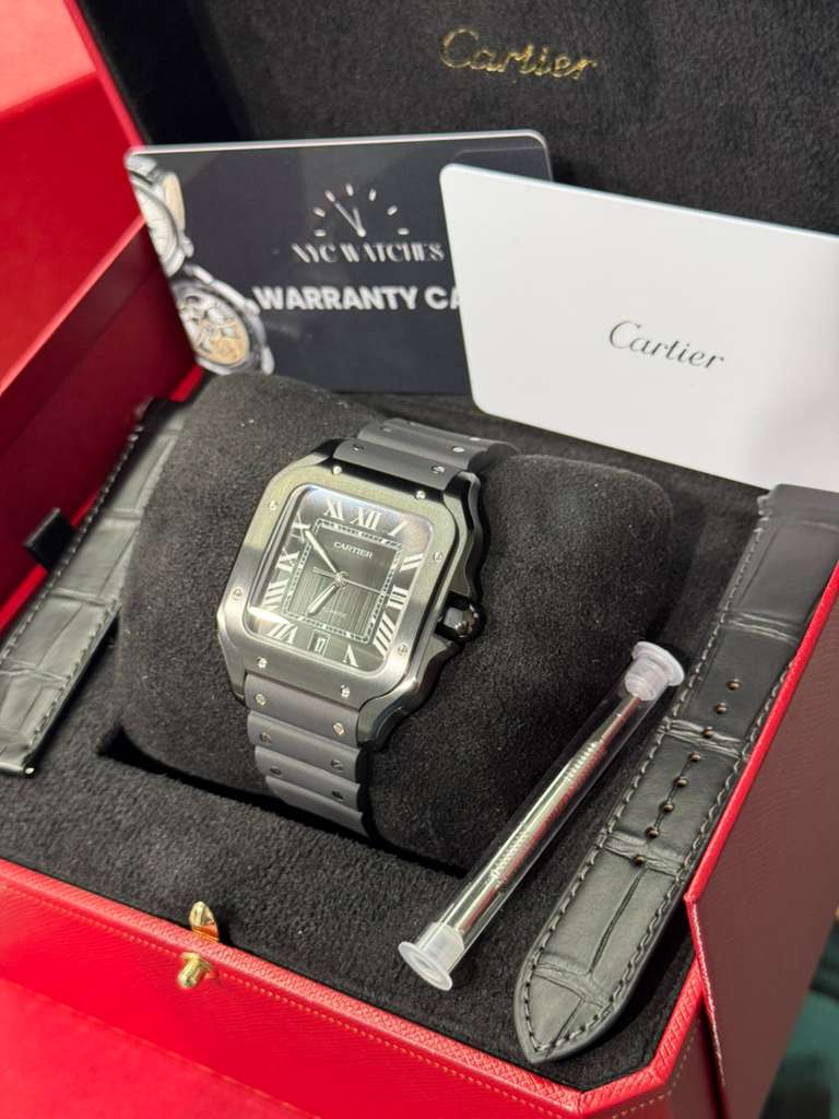 Cartier Santos de Cartier Stainless Steel 39.8 MM (Large Model) - Black Leather Strap - Black Dial - WSSA0039