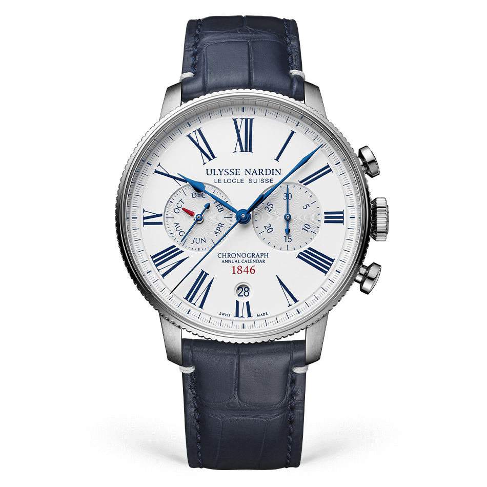 Ulysse Nardin Marine Stainless Steel 44 MM - Blue Leather Strap - White Dial - 1533-320LE-0A-175/1B