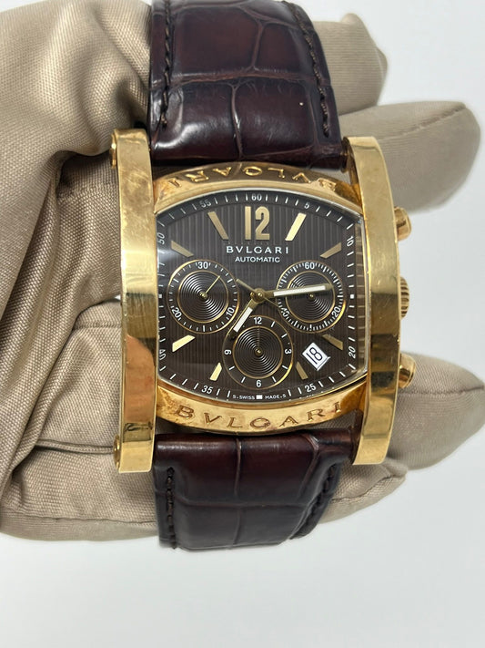 Bvlgari Assioma Yellow Gold 37 MM - Black Leather Strap - Black Dial - AA48 G CH