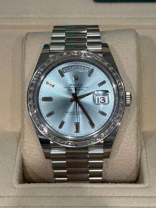 Rolex Presidential Platinum Day-Date 40MM - President Bracelet Watch - Ice Blue Baguette Diamond Dial - 228396TBR-0002