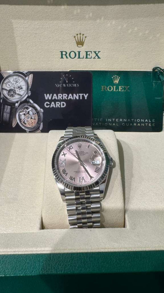 Rolex Stainless Steel And White Gold Datejust - 36 MM - Jubilee Bracelet - Fluted Bezel - Pink Diamond Roman Dial - 126234 pdr69j