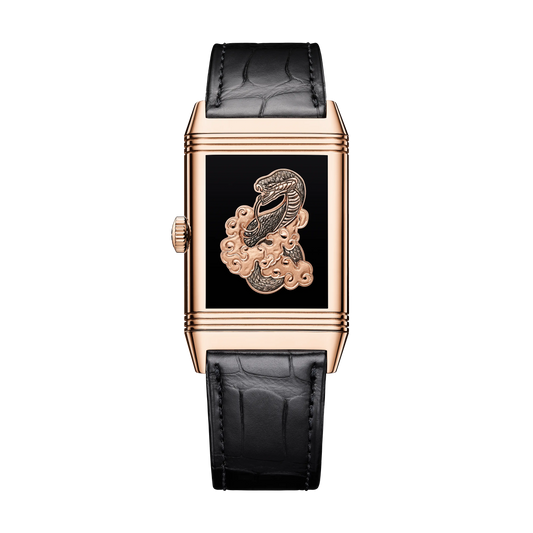 JLC - Reverso Tribute Enamel Snake - Year Of The Snake Edition - 45.6 MM x 27.4 MM - Pink Gold - Black Enamel Dial - Black Leather Strap - Q39324D2