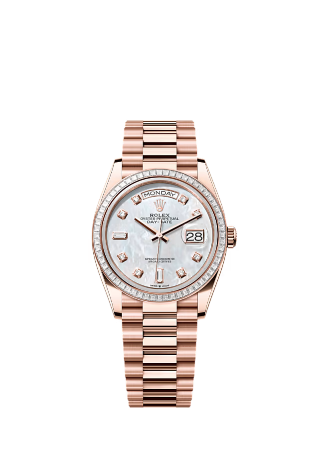 Rolex Day-Date - 36 MM - Rose Gold - MoP White Dial - 128395TBR PMoPWd nyc watcher nyc watches