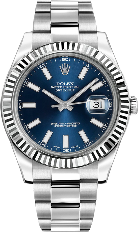 Rolex Stainless Steel and White Gold Datejust 41 Date Watch - 41 MM - Oyster Bracelet - Fluted Bezel - Blue Dial - 116334-0005