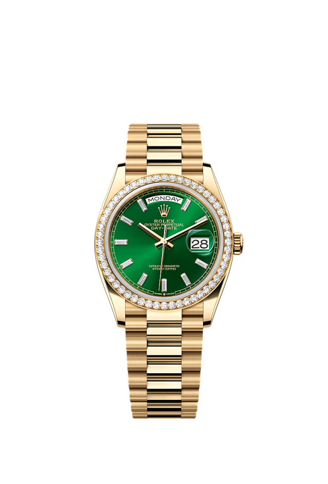 Rolex Day-Date - 36 MM - Yellow Gold - Green Dial - 128348RBR PGD nyc watcher nyc watches