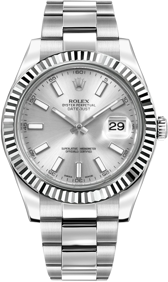Rolex Stainless Steel and White Gold Datejust 41 Date Watch - 41 MM - Oyster Bracelet - Fluted Bezel - Silver Dial - 116334-SLVSO