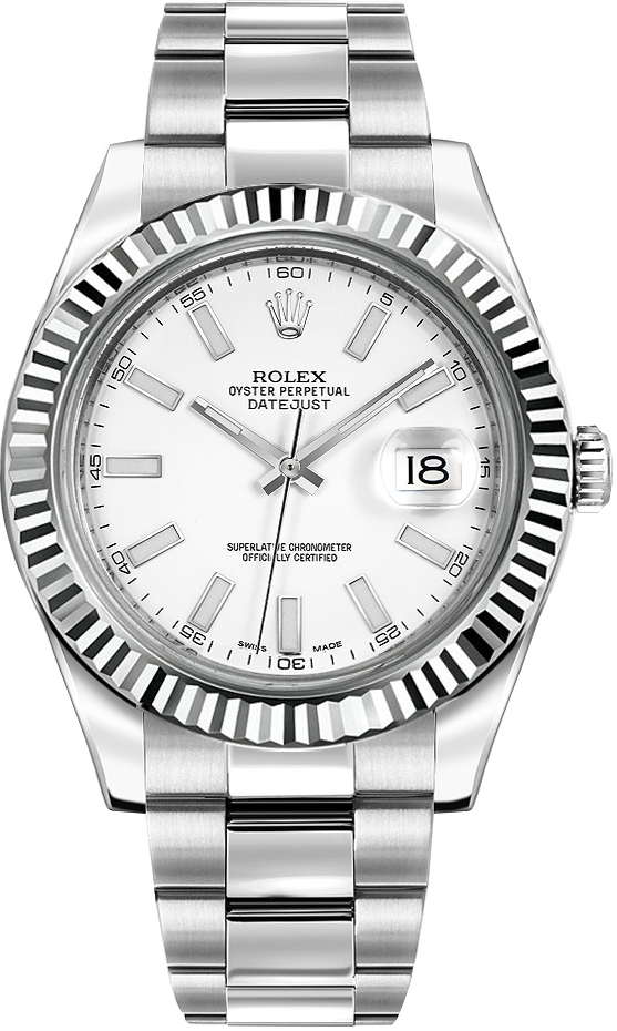 Rolex Stainless Steel and White Gold Datejust 41 Date Watch - 41 MM - Oyster Bracelet - Fluted Bezel - White Dial - 116334-0006