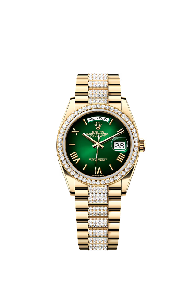 Rolex Day-Date - 36 MM - Yellow Gold - Green Dial - 128348RBR PDGD nyc watcher nyc watches