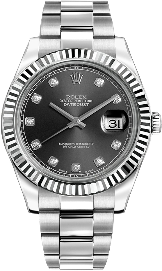 Rolex Stainless Steel and White Gold Datejust 41 Date Watch - 41 MM - Oyster Bracelet - Fluted Bezel - Dark Rhodium Diamond Dial - 116334-0009