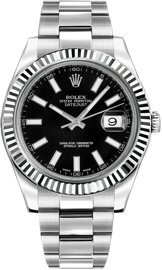 Rolex Stainless Steel and White Gold Datejust 41 Date Watch - 41 MM - Oyster Bracelet - Fluted Bezel - Black Dial - 116334-0003