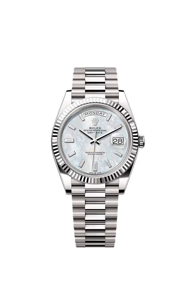 Rolex Day-Date - 40 MM - White Gold - MoP White Dial - 228239 PMoPWd nyc watcher nyc watches