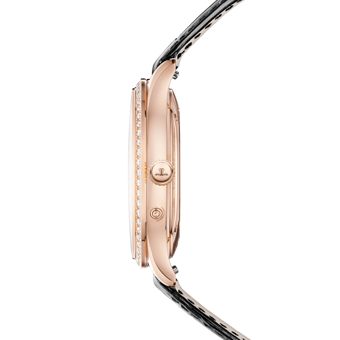 JLC - Master Ultra Thin Moon - 36 MM - Pink Gold - Silvered-Gray Dial - Diamond Bezel - Black Leather Strap - Q1242502