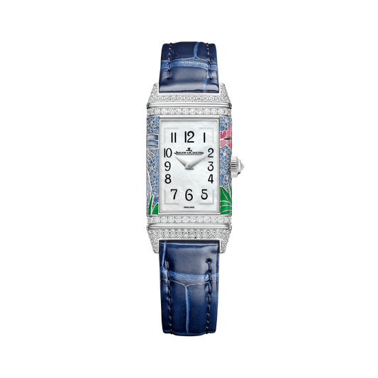 JLC - Reverso One "Sakura" Limited Edition - 40 MM x 20 MM - White Gold - Mother-Of-Pearl Dial - Diamond-Set Case - Blue Leather Strap - Q3293426