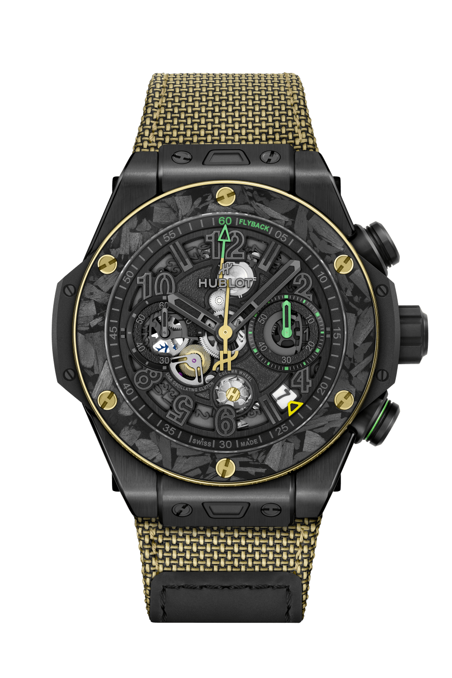 Hublot Big Bang Reloaded Usain Bolt Ceramic Carbon - Limited Edition - 44 MM - Yellow Gold Color Fabric Strap - Matte Black Skeleton Dial - 421.CQ.1140.NR.USB26