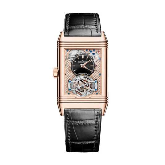 JLC - Reverso Tribute Duoface Tourbillon - 45.5 MM x 27.4 MM - Pink Gold - Silvered-Gray/Black Dial - Black Leather Strap - Q392243J