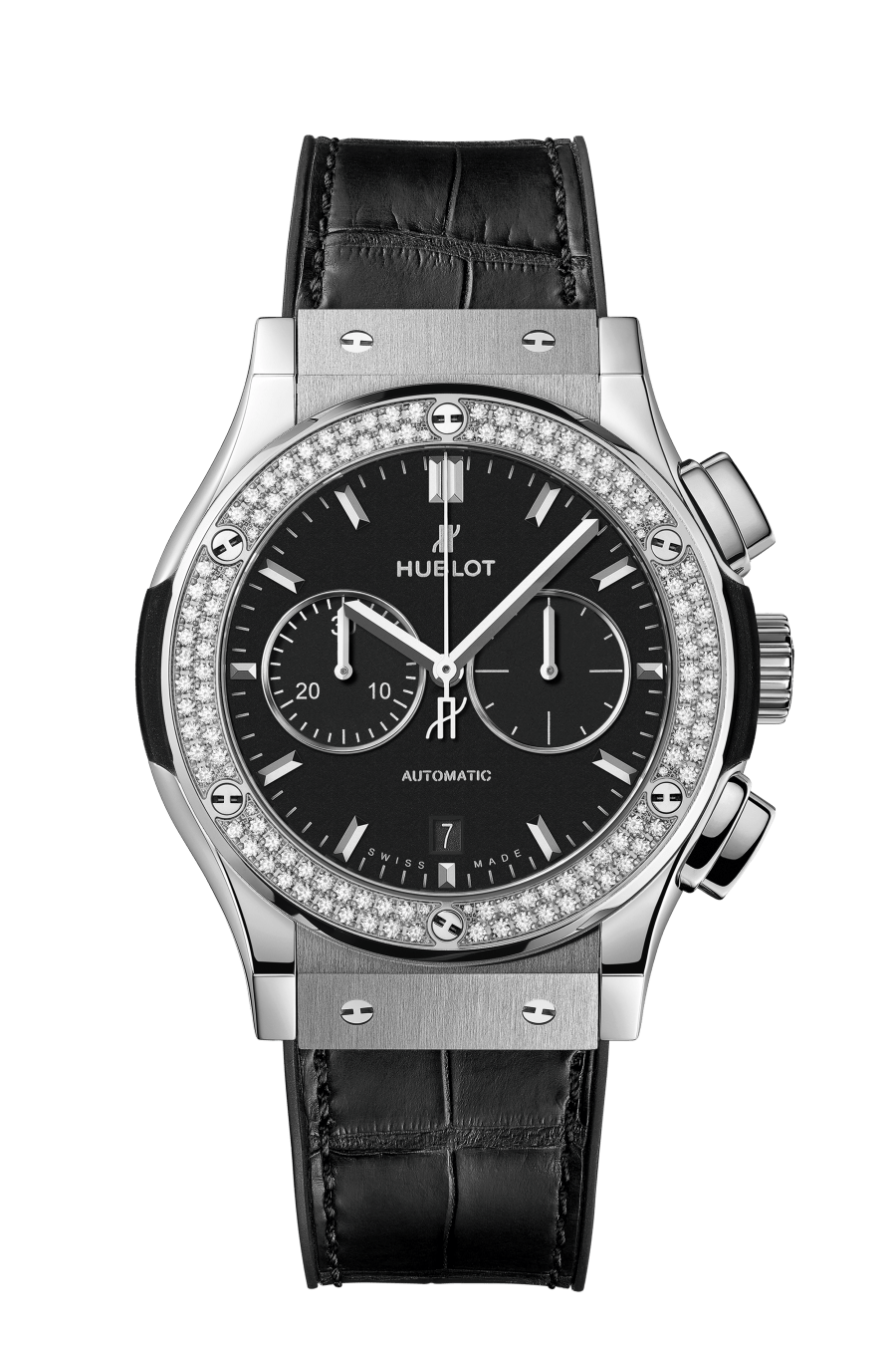 Hublot Classic Fusion Chronograph Titanium Diamonds 42 MM - Black Rubber and Alligator Strap - Matte Black Dial - 541.NX.1171.LR.1104