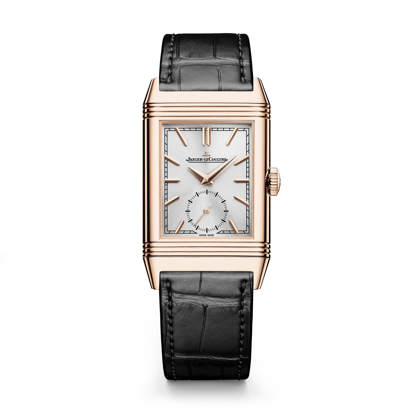 JLC - Reverso Tribute Monoface Small Seconds - 45.6 MM x 27.4 MM - Pink Gold - Silvered-Gray Dial - Black Leather/Canvas Strap - Q7132521