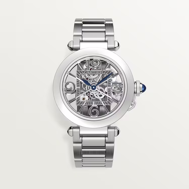 Cartier Pasha de Cartier Steel 41 MM - Steel Bracelet - Second Dark Gray Alligator Leather Strap - Skeleton Dial - WHPA0007