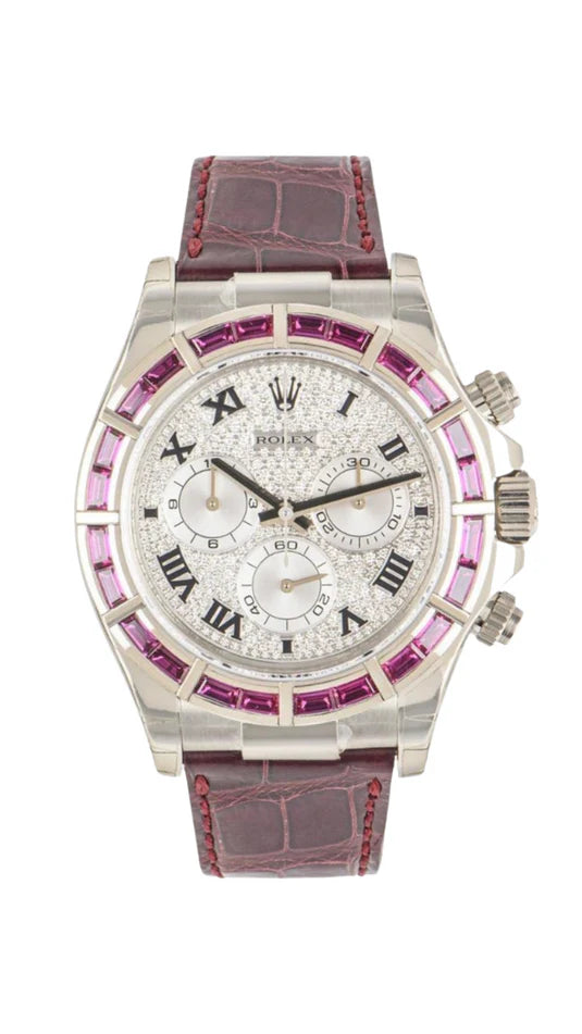 Rolex White Gold Daytona Watch - Off-Catalogue - 40 MM - Pave Diamond Dial - Ruby Leather Strap - Ruby Baguette Bezel - 116589SALV pd