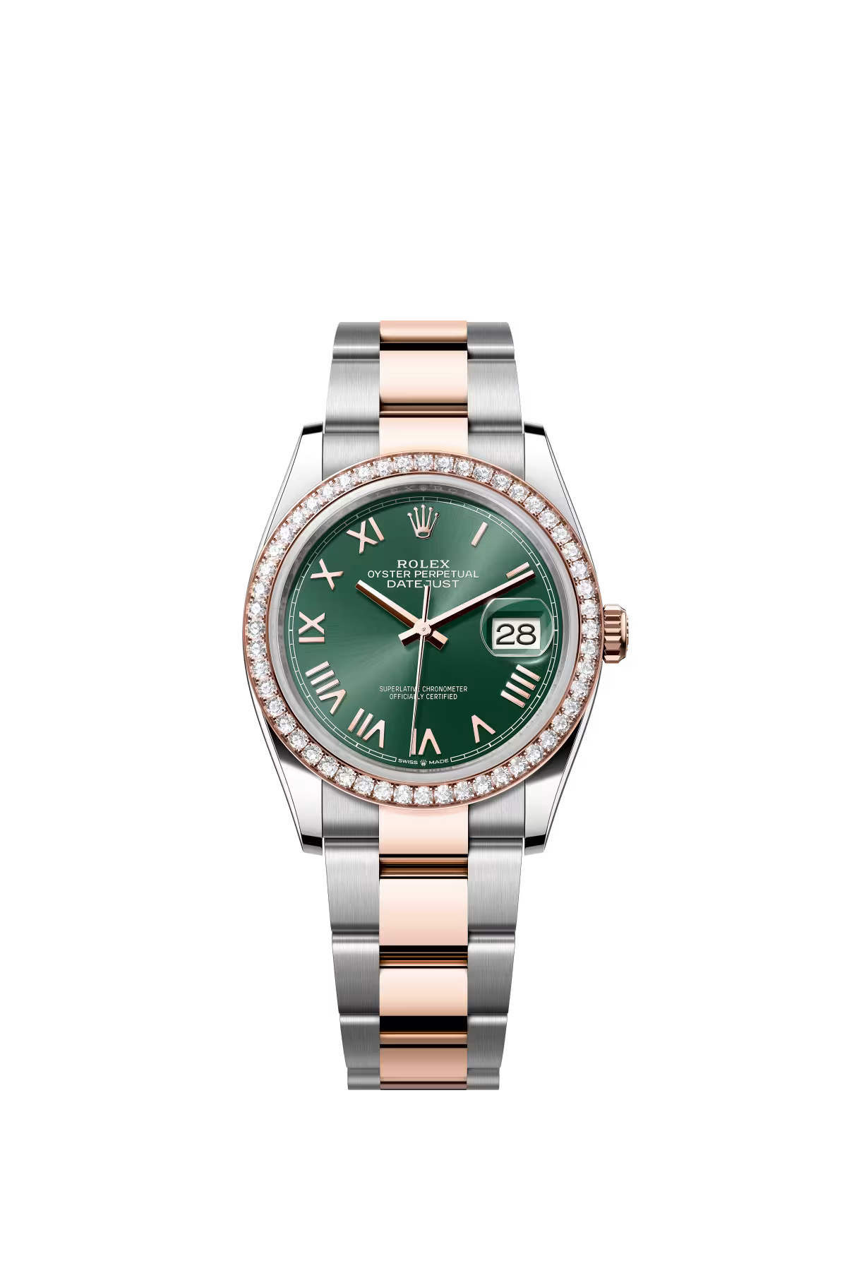 Rolex Stainless Steel And Pink Gold Datejust - 36 MM - Oyster Bracelet - Diamond Bezel - Mint Green Roman Dial - 126281RBR-0040
